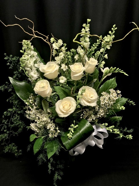 pure white bouquet with roses and willow