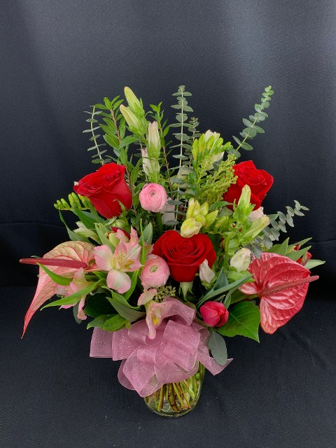 exotic flowers and roses bouquet for valentines delivery